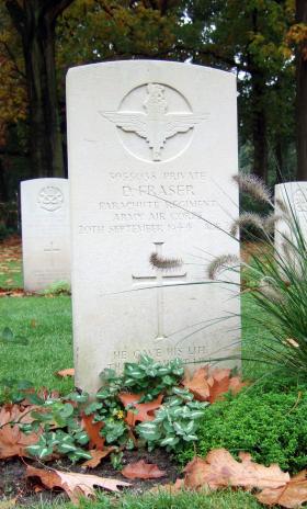 Headstone of Pte D Fraser, Oosterbeek War Cemetery, October 2015.