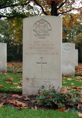 Headstone of L/Cpl Thomas J W Bryson, Oosterbeek War Cemetery, October 2015.
