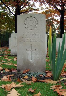 Headstone of Pte T McDonald, Oosterbeek War Cemetery, October 2015.