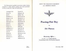 Programme for Passing Out Day for 314 Platoon, June 1967.