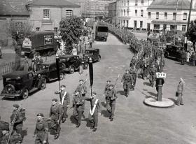  3 PARA marching through Aldershot towards the railway station, c1951.