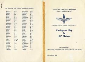 Programme for Passing Out Day for 427 Platoon, 22 October 1976.