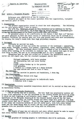 HQ 4 Para Brigade report on organisation, equipment and tactics during Arnhem.