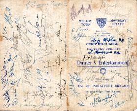 Menu card signed by members of 4th Para Bde who returned from Arnhem, 24 October 1944.