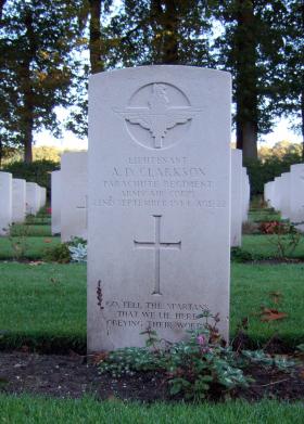 Headstone of Lt A D Clarkson, Oosterbeek War Cemetery, October 2015.