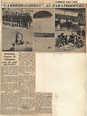 Newspaper article on 629 Airborne Light Regt training at RAF Abingdon 1955