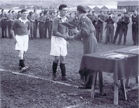 6th Airborne Div Soccer Final Winners receive a shield, Palestine, Winter 1947
