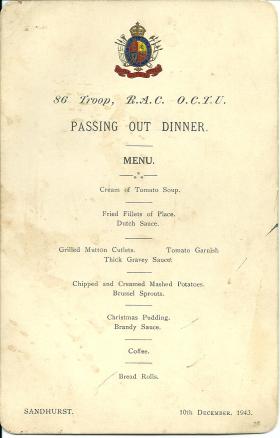 86 Troop Royal Armoured Corps Passing Out Dinner Menu