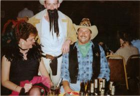Sue Crichton, Pte Mick Corry and Pte Lee Crichton at A Coy, 4 PARAs 'Wild West Night', Grace Road, Liverpool, 1980s