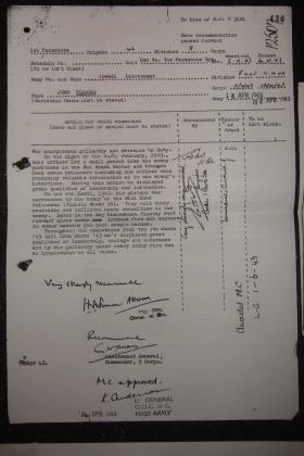 Citation for award of Military Cross to Lt John Timothy, Tunisia, 1943.