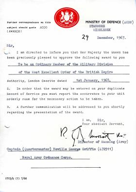 MBE award certificate for Neville 'Bill' Griffin, 1967