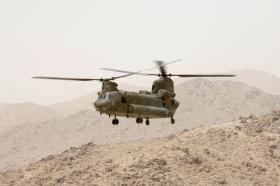 Chinook helicopter flying over Zabul, Afghanistan June 2008