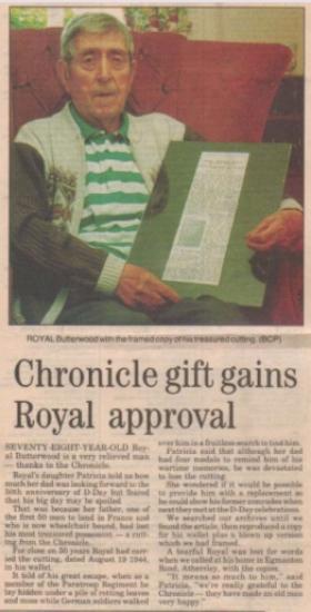 Cutting from Barnsley Chronicle, May 6th 1994 showing Royal Butterwood holding the cutting from 1944