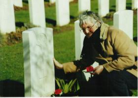 Eileen Chandler at the grave of her brother, Albert W Livesey, Hanover War Cemetery, Germany