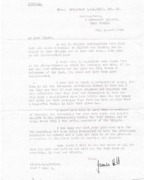 Letter from Brig Hill to Lt Col Barlow regarding move from 7th Parachute Battalion to 1st Airlanding Bde, Aug 1943