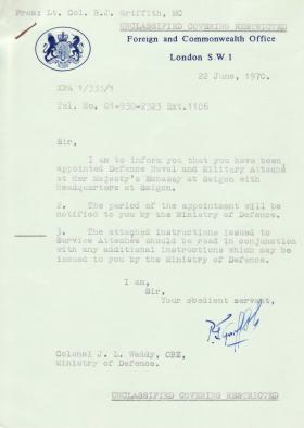 John Waddy - Letter of appointment to Saigon