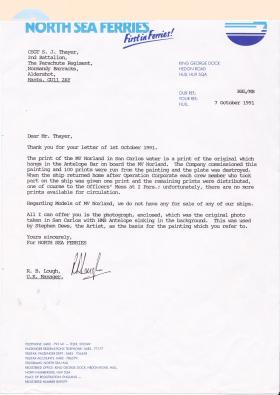 Letter about the MV Norland from North Sea Ferries to Steve 'Yank' Thayer, October 1991