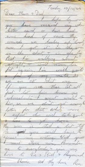 Letter from Pte Gear to his parents whilst a POW, 10 October 1944