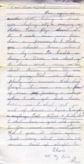 Letter from Pte Gear to his parents whilst a POW, 19 November 1944
