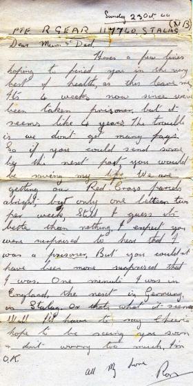 Letter from Pte Gear to his parents whilst a POW, 23 October 1944
