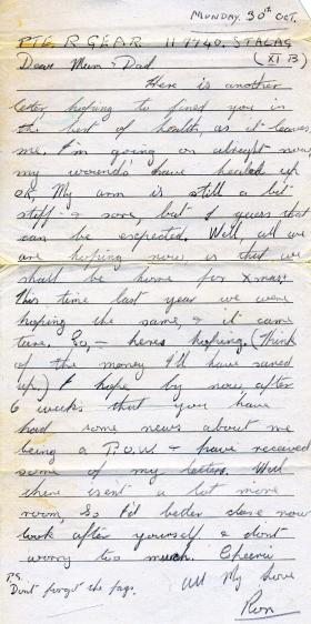 Letter from Pte Gear to his parents whilst a POW, 30 October 1944