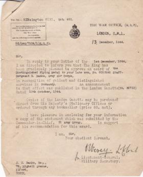 Official letter confirming Distinguished Flying Medal awarded to SSgt Richard Banks, 1944