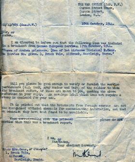 War Office Letter to next of kin on the first notification of Pte Gear as a Prisoner of War, 12 October 1944