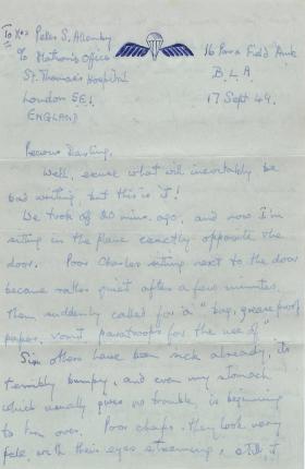 Letter from Lt Allenby to his wife onboard aircraft heading to Arnhem
