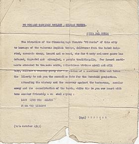 Message from the Mayor of Gioia del Colle, Italy,14 October 1943.