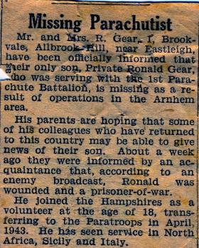 Newspaper cuttings about Pte Gear after he was declared Missing In Action, October 1944