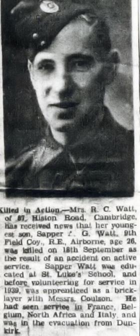 Newspaper cutting about the death of Spr Watt