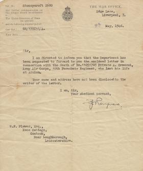 Official letter confirming the death of Pte Albert Ormerod, 1946