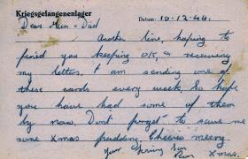 Postcard from Pte Gear to his parents as a Prisoner of War, 10 December 1944