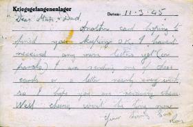 Postcard from Pte Gear to his parents as a Prisoner of War, 11 March 1945