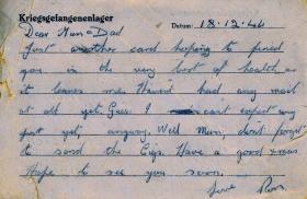Postcard from Pte Gear to his parents as a Prisoner of War, 18 December 1944
