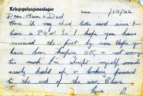 Postcard from Pte Gear to his parents as a Prisoner of War, 18 October 1944
