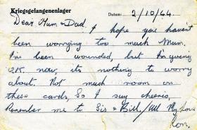 Postcard from Pte Gear to his parents soon after he became a Prisoner of War, 2 October 1944