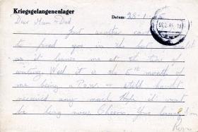 Postcard from Pte Gear to his parents as a Prisoner of War, 28 January 1945
