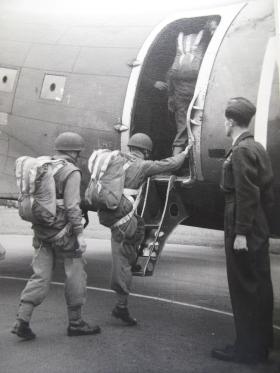 Paratroopers boarding a Dakota, wearing the X-Type parachute, c.1940s