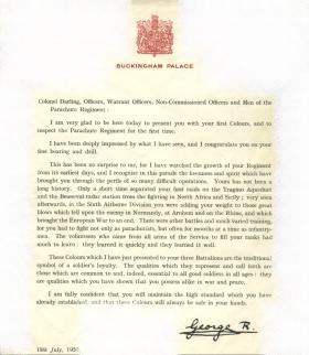 Official letter, and address, from HM King George VI for presentation of Parachute Regiment's First Colours, 19 July 1950.