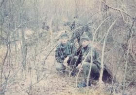 Pte Mark Timmins and Pte Mark Holding during an exercise at Longmoor training camp, 1984