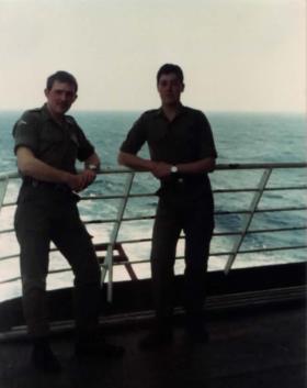 Ron Webster and Dave Minnock onboard the MV Norland bound for the Falklands, 1982