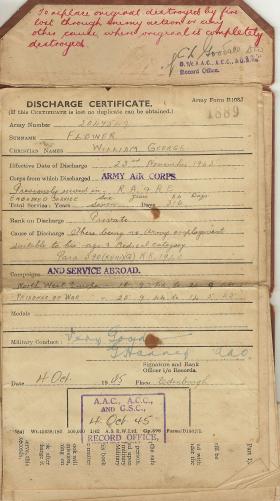 Army Service book extract of Pte William Flower, 1945