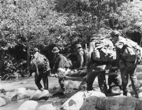 Soldiers of Guards Parachute Coy crossing a river whilst carrying a stretcher on patrol in Malaya, 1968