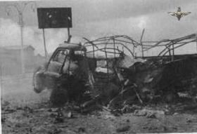 A three ton truck hit by an Egyptian shell in our lines on 6th November 1956