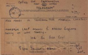 Telegram to family of L/Cpl Moore confirming his return from Arnhem to the UK, Oct 1944