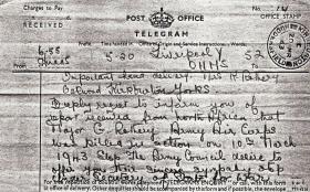 Telegram confirming death of Major Rothery