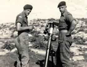 Terence Gillott (Gilly as we called him) with Rod Escott, during gun practice, Cyprus, 1956