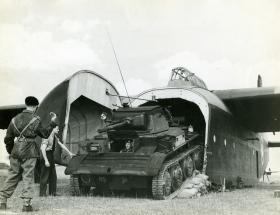 A Tetrarch tank being unloaded from a Hamilcar glider on exercise, c.1944