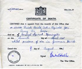 War Office Death Certificate for Pte Gear as a Prisoner of War, August 1945